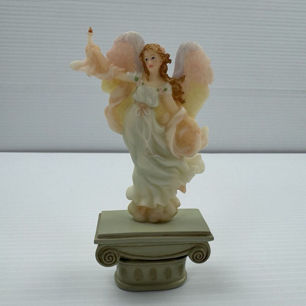 Vintage Style Angel Figurine Statue Column Pedestal Pastel Wings Candle Decor